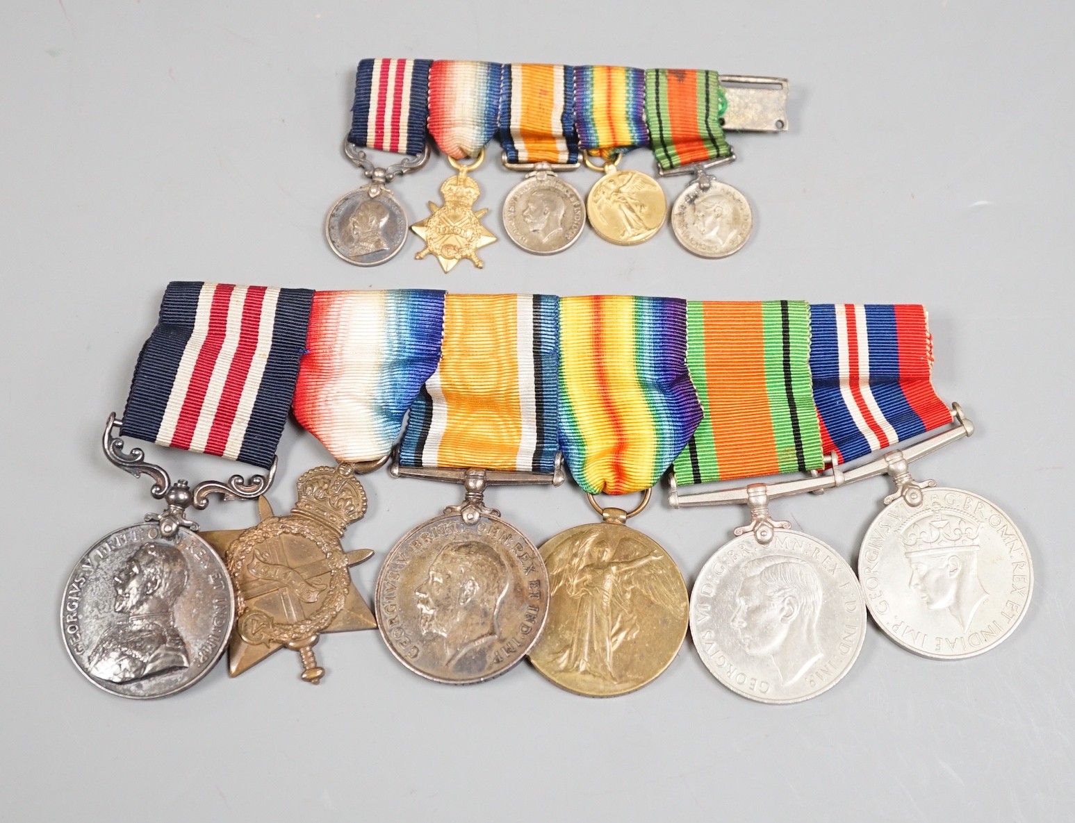 A Great War medal group of 6 including a Military Medal awarded to T4-240995 L.C PL C.T. TYRRELL. NO.I COY 47/D.T. A.S.C., a WWI trio to 2140 DVR. C. T. TYRRELL. A.S.C. and T-2140 CPL.C.T TYRRELL. A.S.C. and related mini